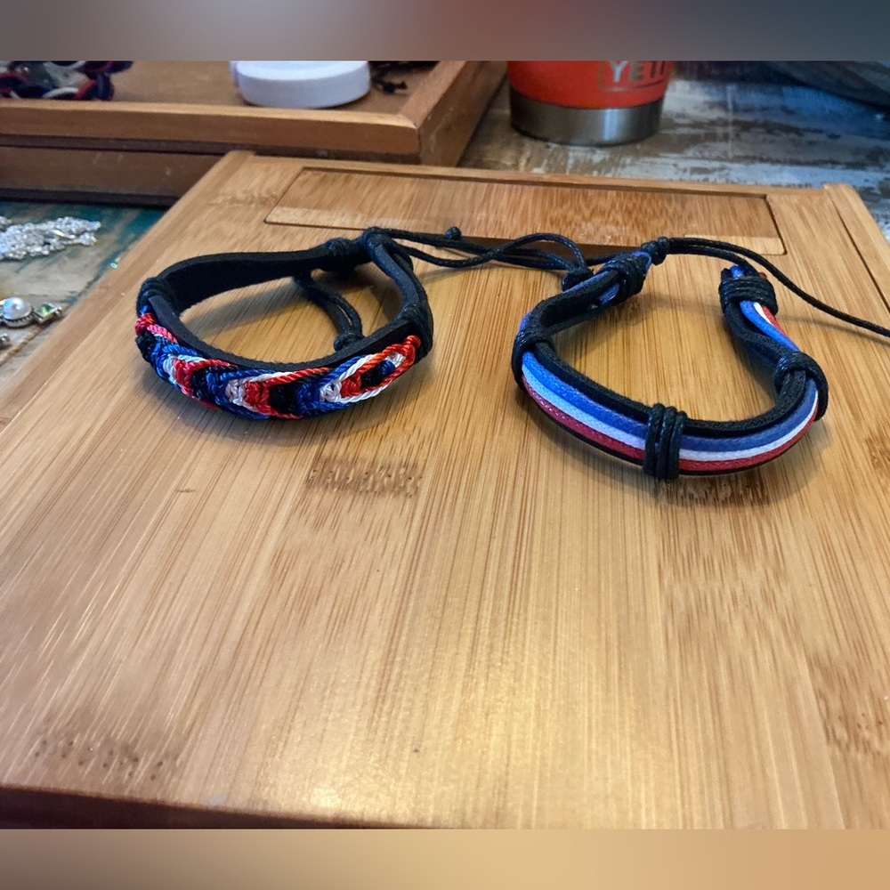 Red, White & Blue Braided and Strap Bracelet Set